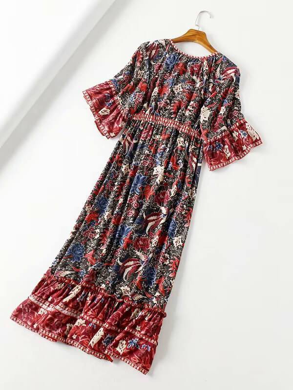 Bella Fancy Dresses US Western Wear Beach Printed Ruffled Flare Short Sleeve Dress