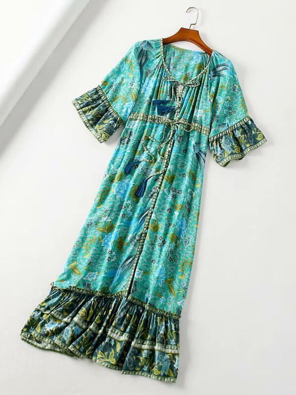 Bella Fancy Dresses US Western Wear Beach Printed Ruffled Flare Short Sleeve Dress