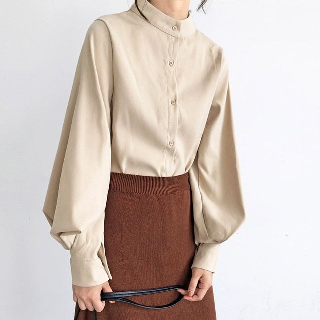 Bella Fancy Dresses US Western Wear Big Lantern Sleeve Blouse Women Autumn Winter Single Breasted Stand Collar Shirts Office Work Blouse Solid Vintage Blouse Shirts