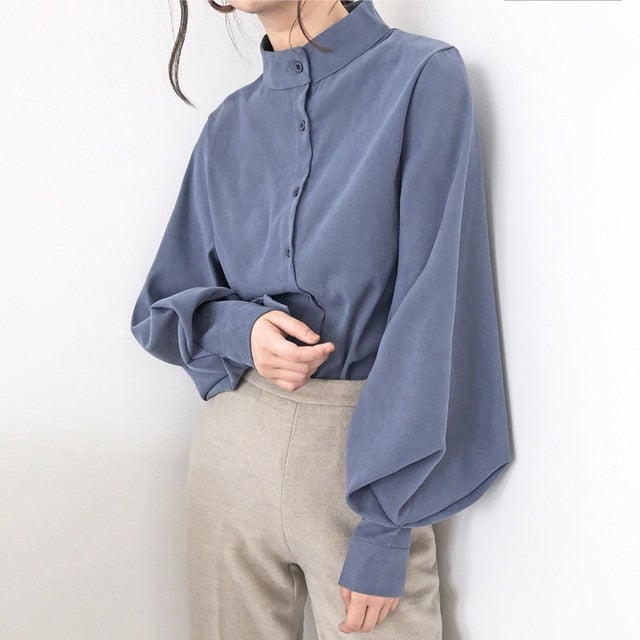 Bella Fancy Dresses US Western Wear Big Lantern Sleeve Blouse Women Autumn Winter Single Breasted Stand Collar Shirts Office Work Blouse Solid Vintage Blouse Shirts