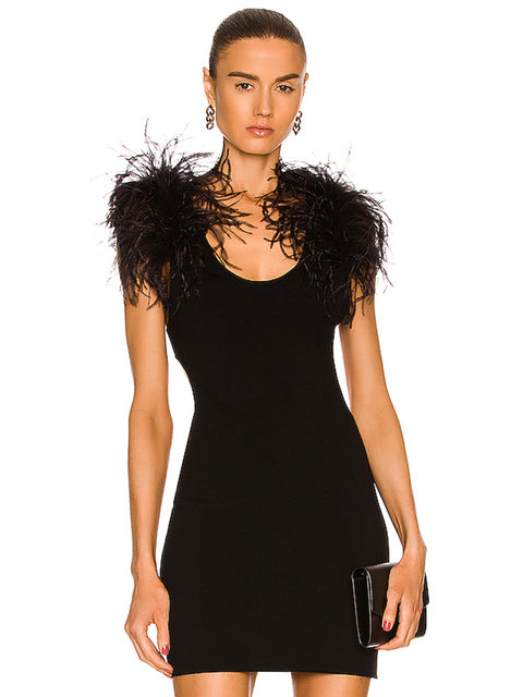 Bella Fancy Dresses US Western Wear Black Feathers Mini Night Club Bandage Dress Sexy Summer Women&#39;s V Neck Hollow Out Celebrity Evening Party Skinny Dresses