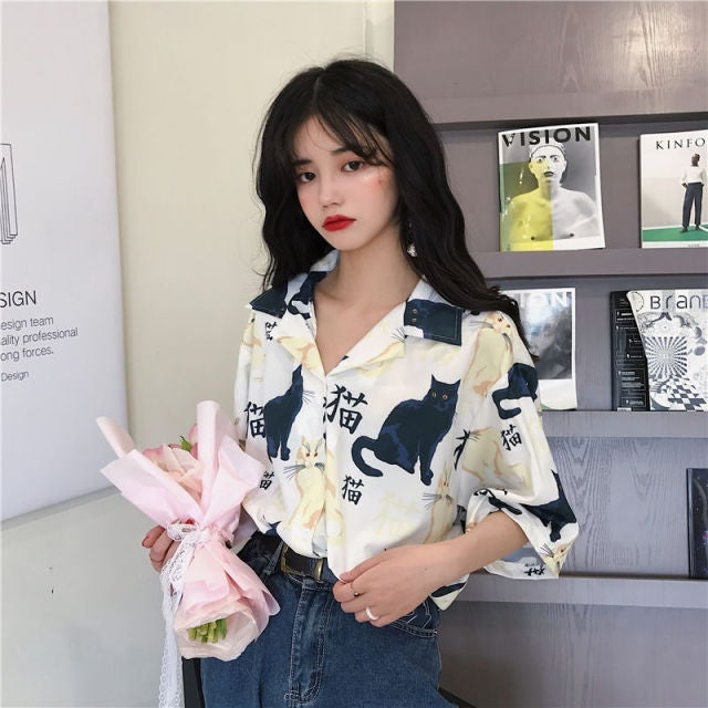 Bella Fancy Dresses US Western Wear Blouses Women Vintage Cat Printed Korean Basic Loose Chic Design Ladies Shirts Daily College Street All-match Womens Blouse Top