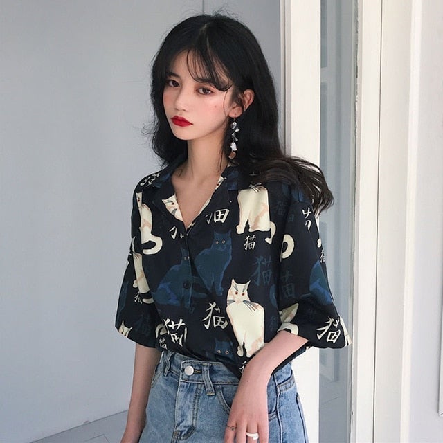 Bella Fancy Dresses US Western Wear Blouses Women Vintage Cat Printed Korean Basic Loose Chic Design Ladies Shirts Daily College Street All-match Womens Blouse Top