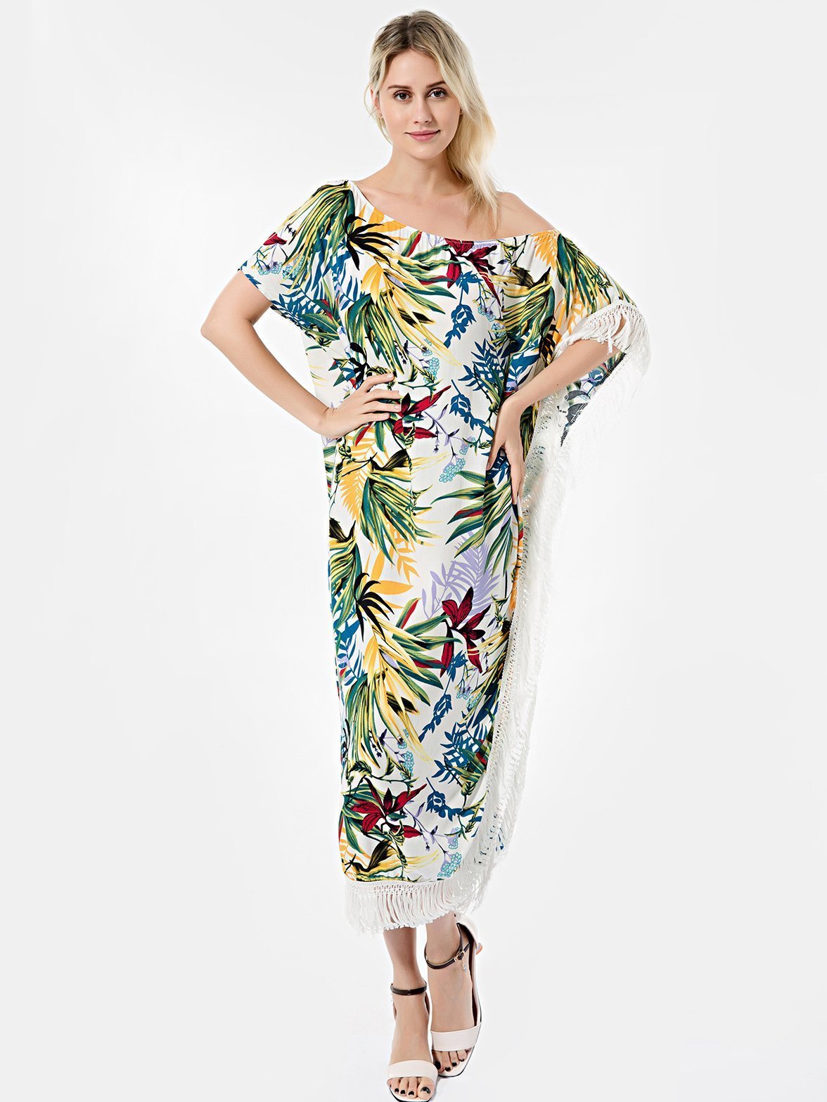 Bella Fancy Dresses US Western Wear Bohemian Leaf Printed Tassel Short Sleeve Dress