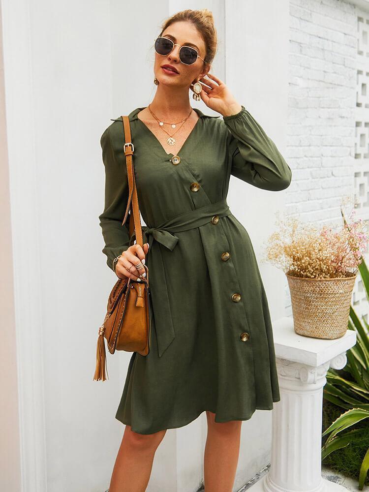 Bella Fancy Dresses US Western Wear Casual Single-Breasted Long Sleeve Dress In Green