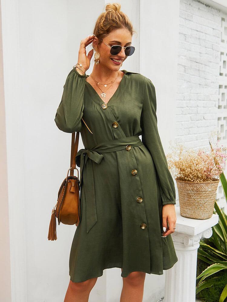 Bella Fancy Dresses US Western Wear Casual Single-Breasted Long Sleeve Dress In Green