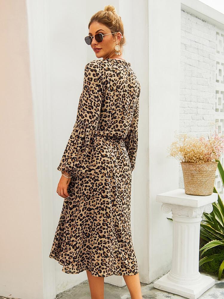 Bella Fancy Dresses US Western Wear Chic Leopard Printed Button Up Long Sleeve Dress