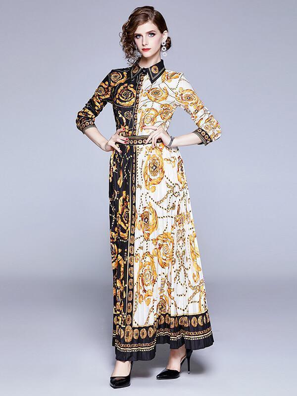 Bella Fancy Dresses US Western Wear Colorblock Chain Printed Fitted Long Sleeve Maxi Dress