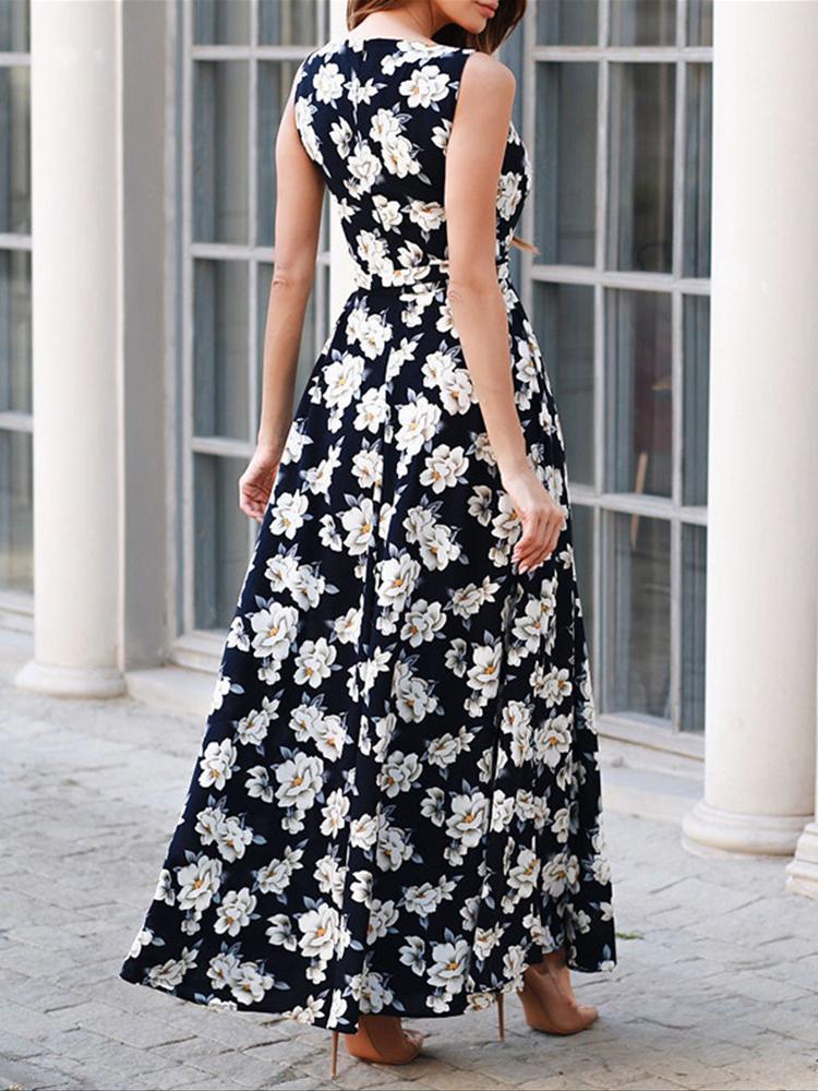 Bella Fancy Dresses US Western Wear Crew Neck Wrap Sleeveless Floral Maxi Dress
