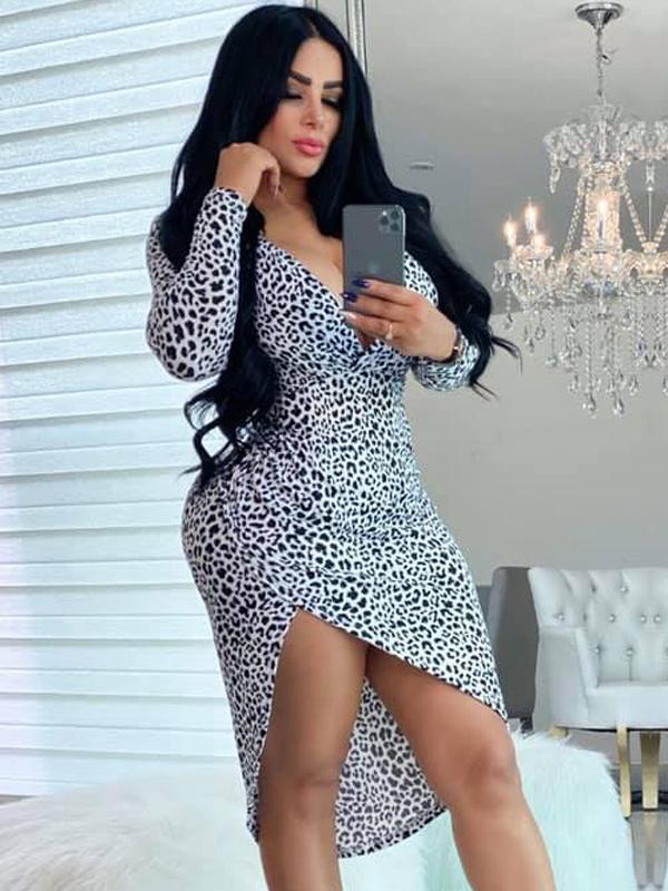Bella Fancy Dresses US Western Wear Deep V Neck Leopard Print Long Sleeve Dress