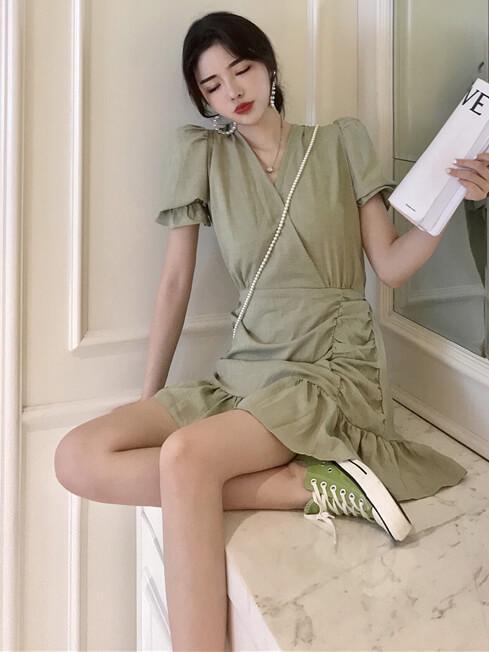 Bella Fancy Dresses US Western Wear Deep V Ruffled Short Sleeve Doll Green Dress