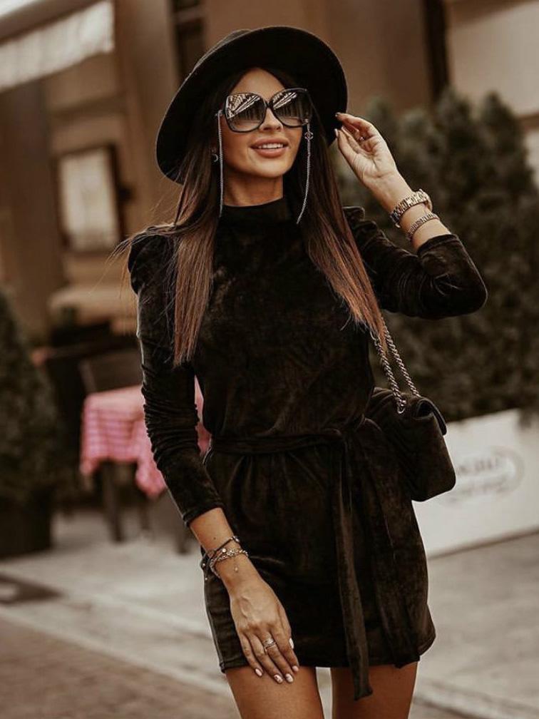 Bella Fancy Dresses US Western Wear Fashion Solid Velvet Puff Sleeve Dress