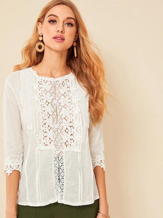 Bella Fancy Dresses US Western Wear Hollow Out Petals Half Sleeve White T-shirt