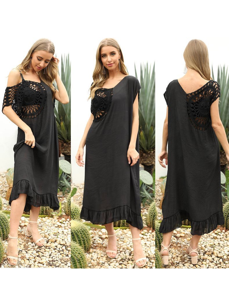 Bella Fancy Dresses US Western Wear Hook Flower Short Sleeve Black Loose Dress For Beach