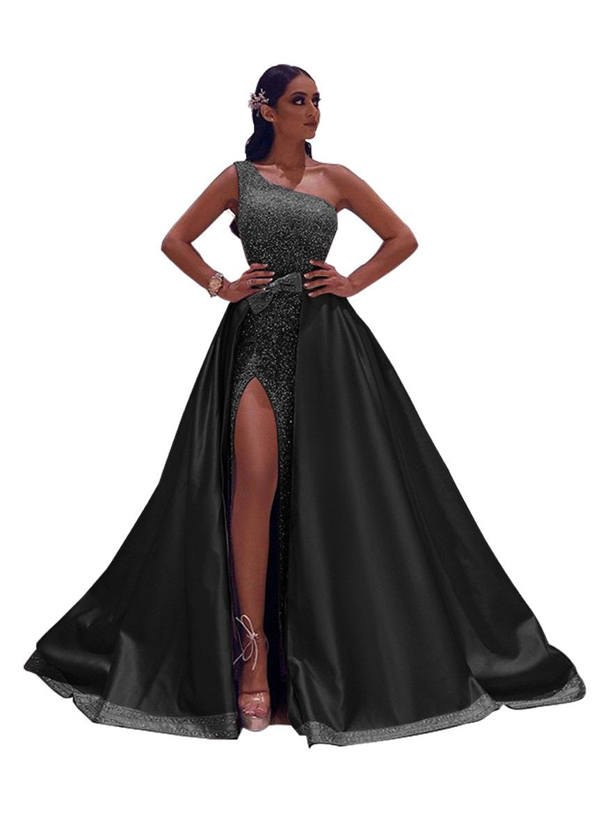Bella Fancy Dresses US Western Wear Inclined Shoulder Glitter Split Prom Maxi Dress