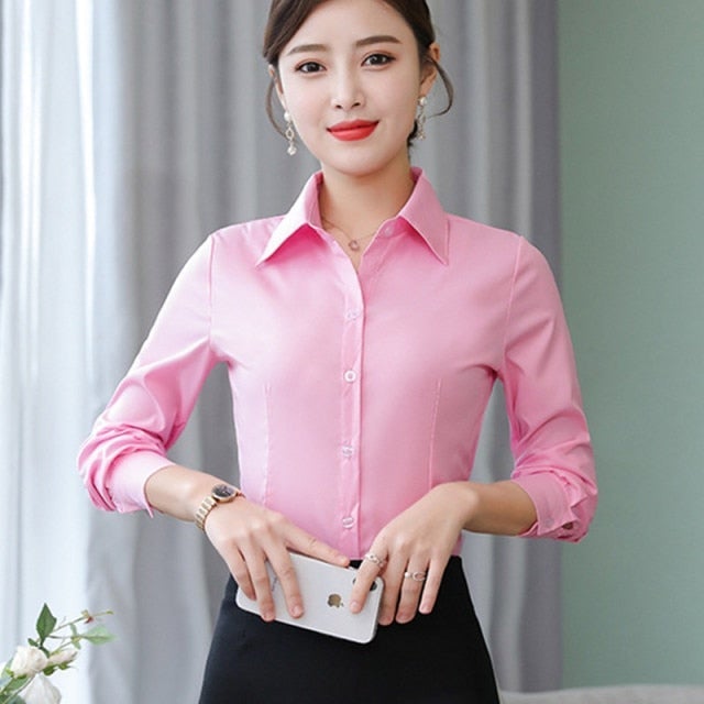 S-3XL Spring One Pocket Women White Blouse Female Shirt Tops Long Sleeve  Casual Turn-down Collar OL Style Women Loose Blouses