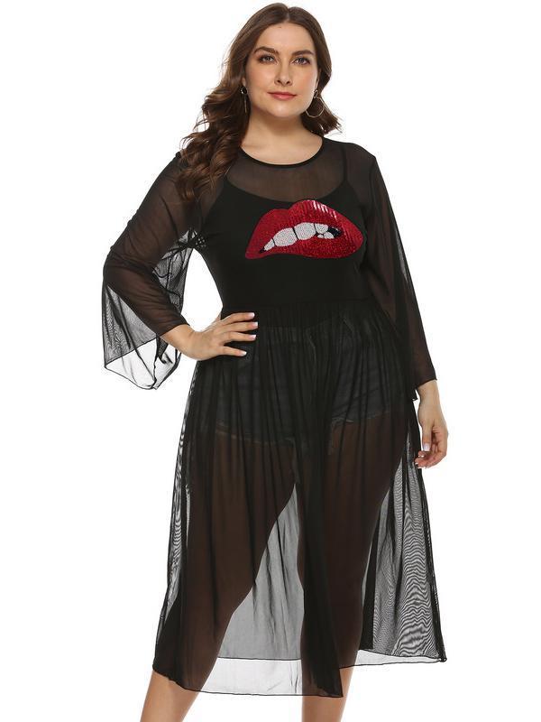 Bella Fancy Dresses US Western Wear Lips Embroidery Long Sleeve Black See Through Dress