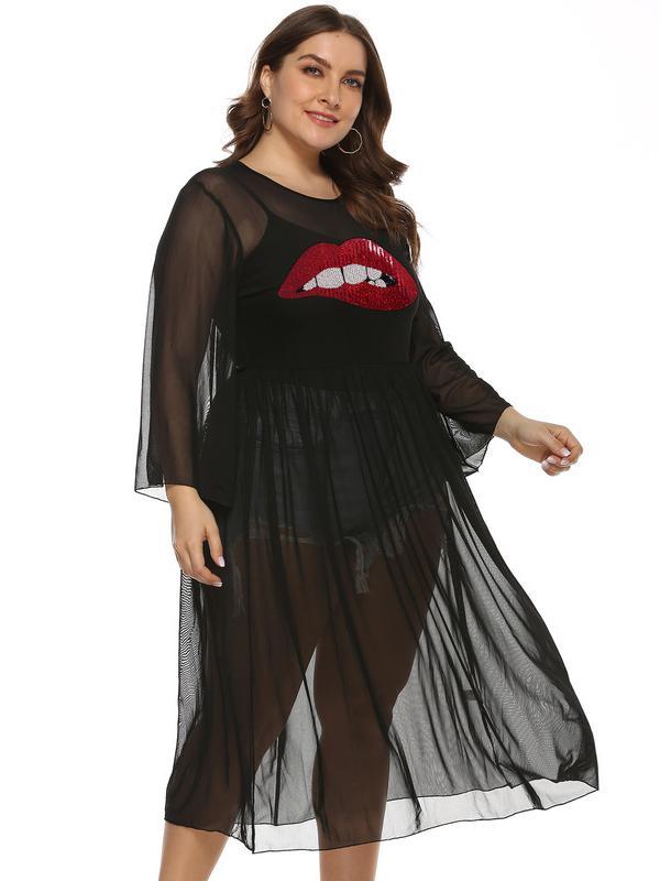 Bella Fancy Dresses US Western Wear Lips Embroidery Long Sleeve Black See Through Dress