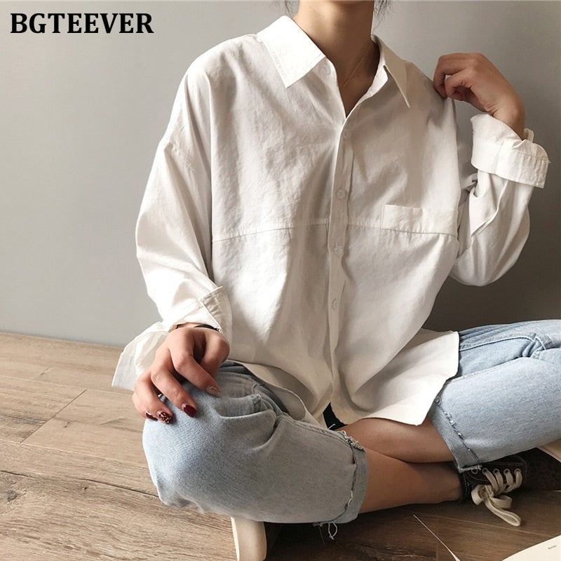 Bella Fancy Dresses US Western Wear Minimalist Loose White Shirts for Women Turn-down Collar Solid Female Shirts Tops 2020 Spring Summer Blouses