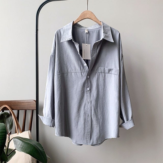 Bella Fancy Dresses US Western Wear Minimalist Loose White Shirts for Women Turn-down Collar Solid Female Shirts Tops 2020 Spring Summer Blouses