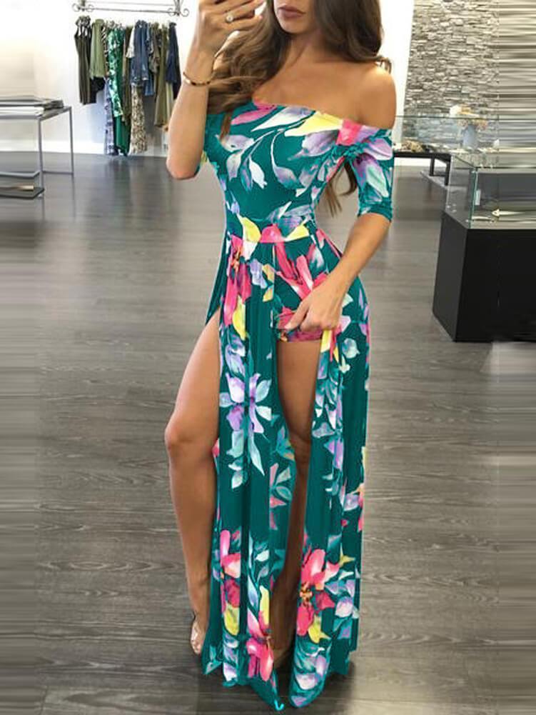 Bella Fancy Dresses US Western Wear Off Shoulder Short Sleeve Slit Printed Maxi Dresses
