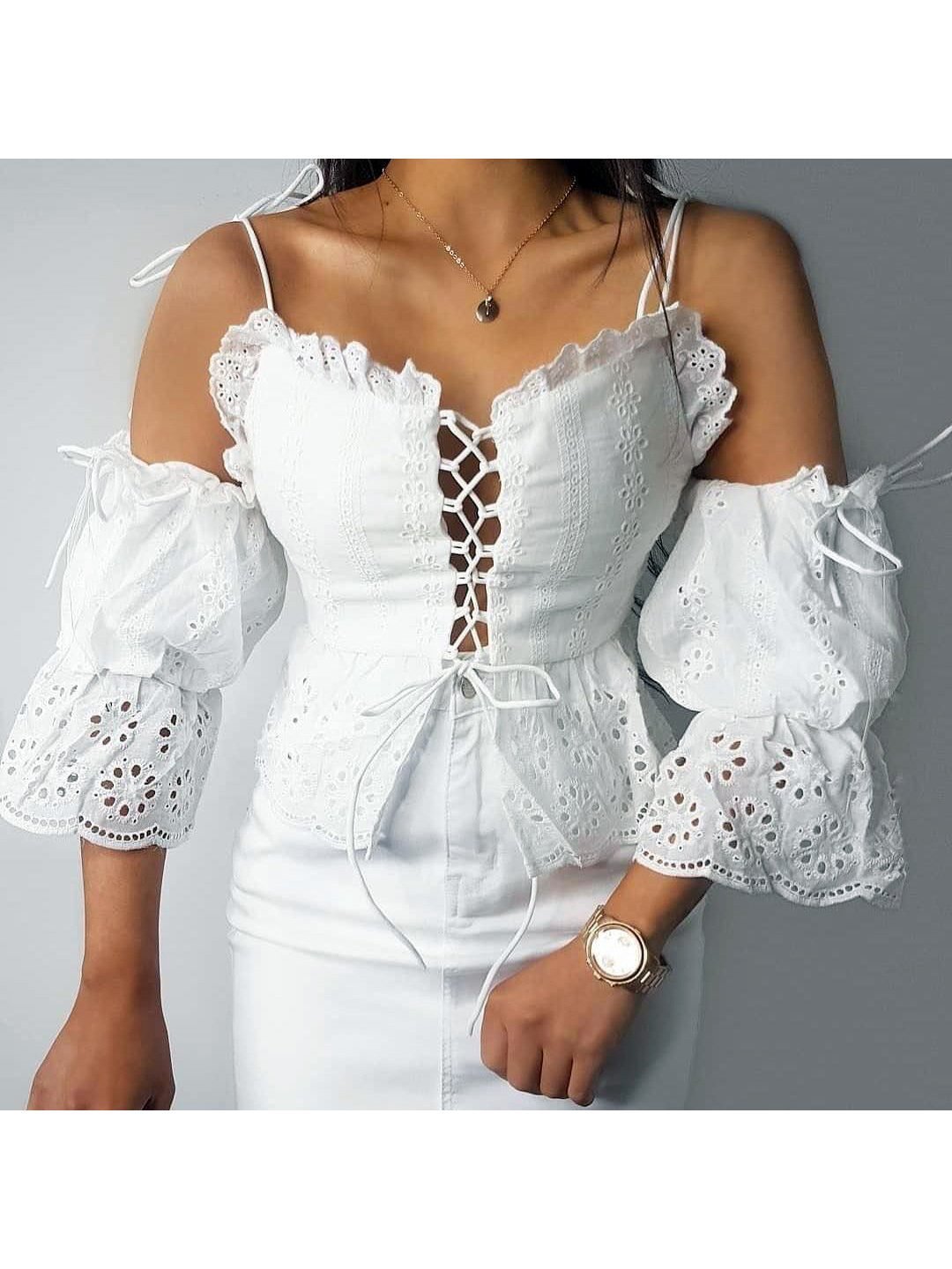 Bella Fancy Dresses US Western Wear Open Shoulder Lace Up Hollow Out White Blouse