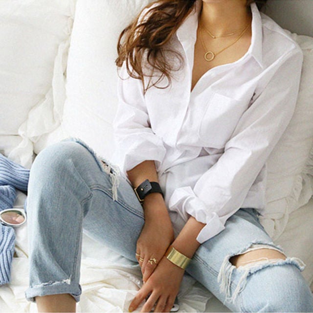 Minimalist Loose White Shirts for Women, Turn-Down Collar Solid