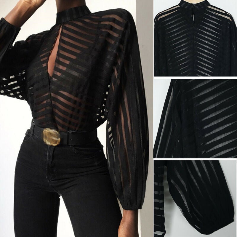 Bella Fancy Dresses US Western Wear Sexy Black Women Mesh Sheer Blouses Ladies Long Sleeve Striped Front Hollow Out Transparent Shirts Blusas Mujer Camisas