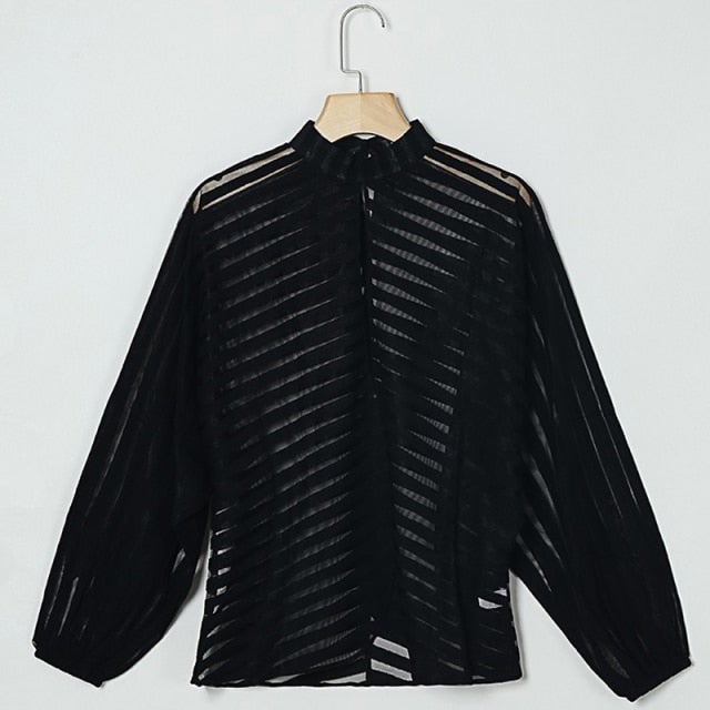 Elegant black blouse with mesh sleeves ⊶ Formal blouses ᑕ❶ᑐ