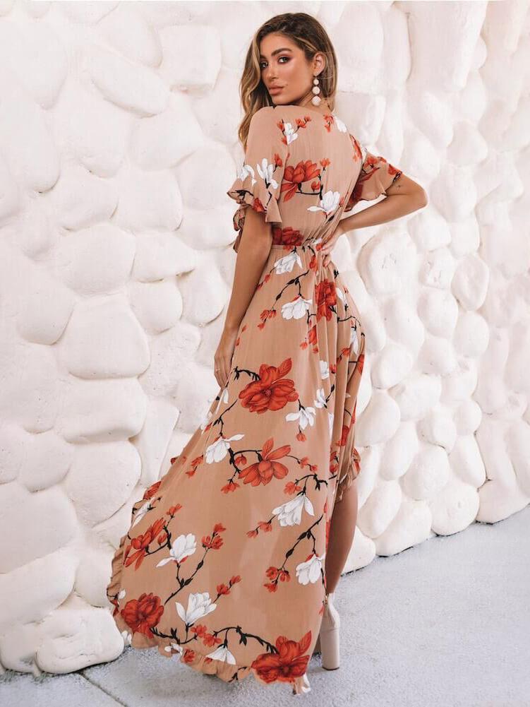 Bella Fancy Dresses US Western Wear Sexy Low-cut Printed Ruffled Irregular Short Sleeve Maxi Dress