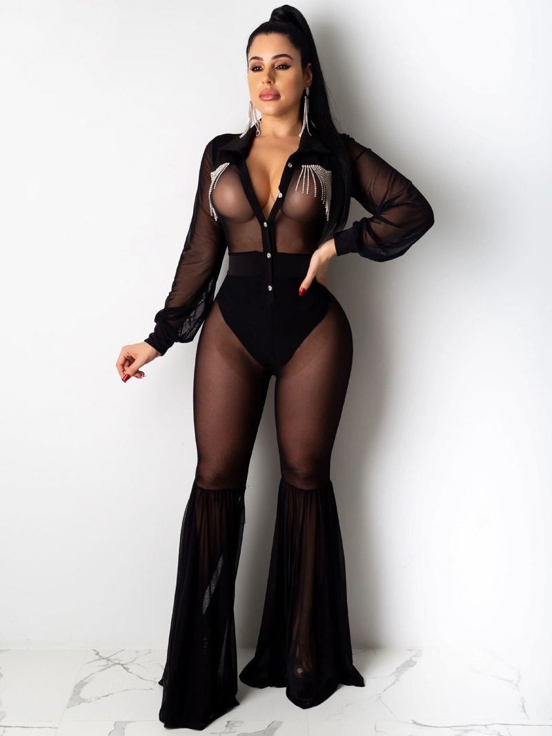 Bella Fancy Dresses US Western Wear Sexy See Through Flared Jumpsuit