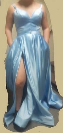 Bella Fancy Dresses US Western Wear Side slit A-LineEvening Dress with High Slit Satin Royal Blue Spaghetti Straps Sweetheart sexy