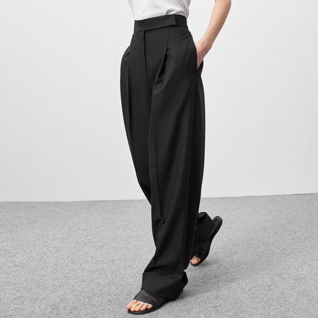 Spring Summer Black Ladies Office Trousers Women High Waist Pants Pockets  Female Pleated Wide Leg Pants Solid 2022