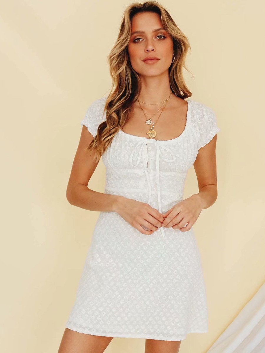 Bella Fancy Dresses US Western Wear Square Collar Tied Front White Summer Dresses
