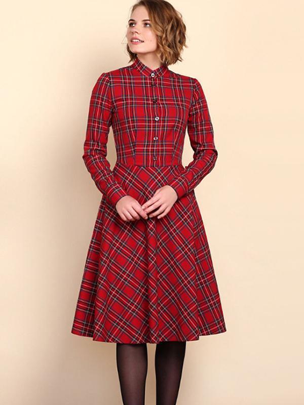 Stand Neck Classical Plaid Long Sleeve Dress – Bella Fancy Dresses US