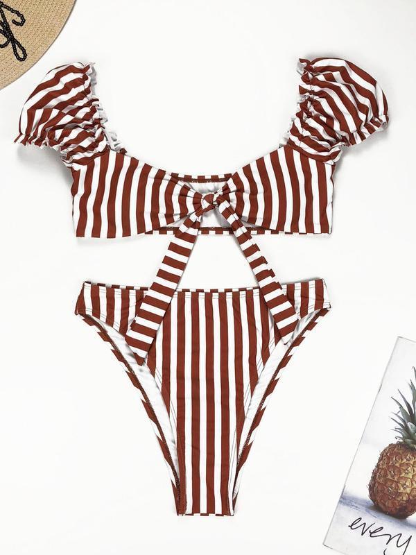 Bella Fancy Dresses US Western Wear Striped Bow Decor Puff Sleeve Swimsuits For Women