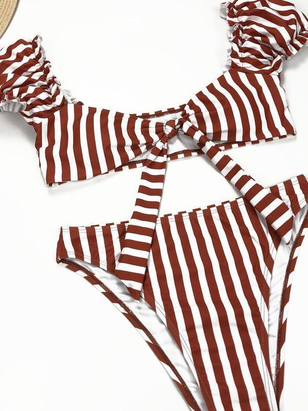 Bella Fancy Dresses US Western Wear Striped Bow Decor Puff Sleeve Swimsuits For Women