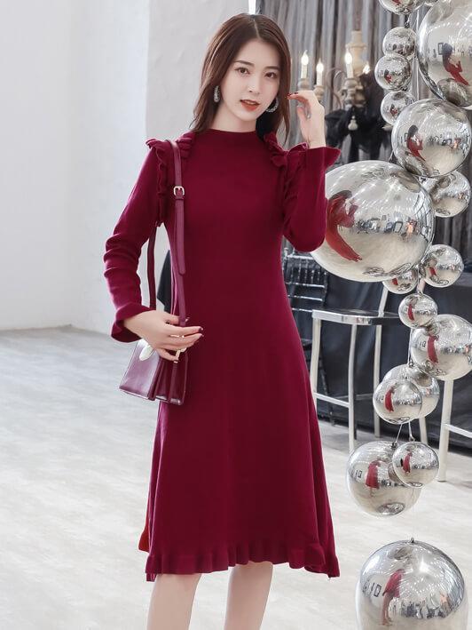 Bella Fancy Dresses US Western Wear Stylish StringyÂ SelvedgeÂ Solid Long Sleeve Dress