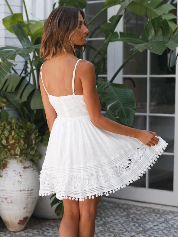 Bella Fancy Dresses US Western Wear Summer Strap Hollow Out Tassel Hem White Dress
