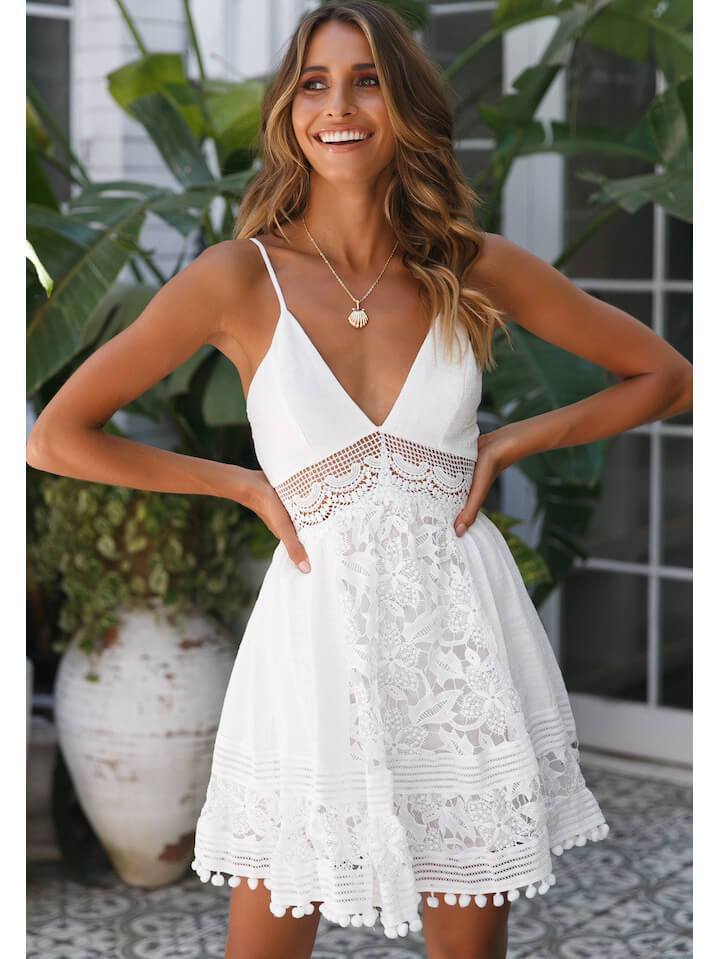 Bella Fancy Dresses US Western Wear Summer Strap Hollow Out Tassel Hem White Dress