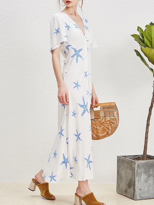 Bella Fancy Dresses US Western Wear Sweet Sea Star Printed Short Sleeve Maxi Dress