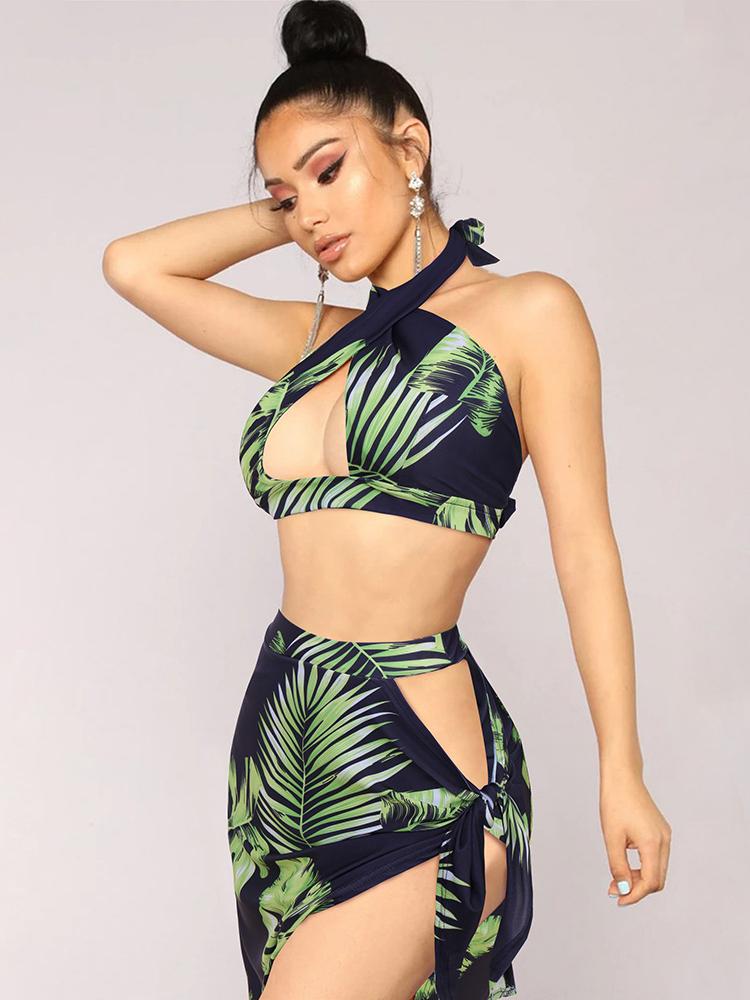 Bella Fancy Dresses US Western Wear Vacation Leaf Printed Hollow Out Two Pieces Swimsuit