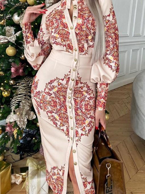 Bella Fancy Dresses US Western Wear Vintage Single-Breasted Printing Long Sleeve Dress