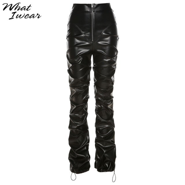 Bella Fancy Dresses US Western Wear Whatiwear Faux PU Leather High Waist Black Stacked Pants Women Pants Clothing Fashion Hipster Street Style Long Trousers Hot