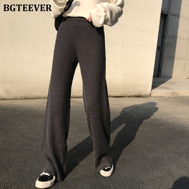Bella Fancy Dresses US Western Wear Winter Women Thick pant Loose Elastic Waist Straight Leg Knitted Long Pant 2021 Ladies Casual Sweater Trouser