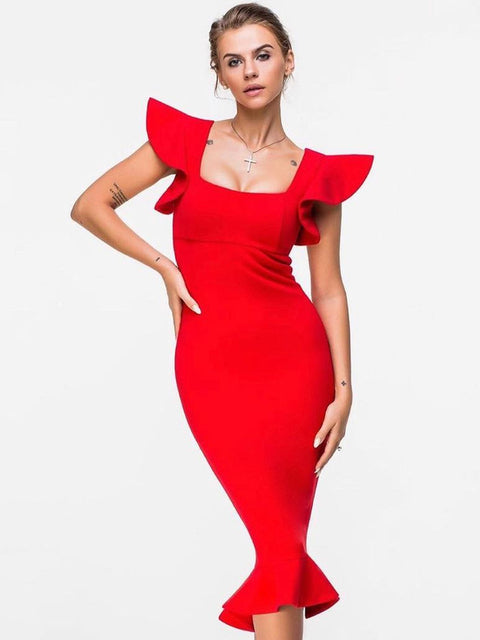 Bella Fancy Dresses US Western Wear Women Midi Mermaid Bandage Dress 2022 New Summer Sexy Red Clubwear Evening Party Celebrity Fashion Bodycon Dresses Outfits
