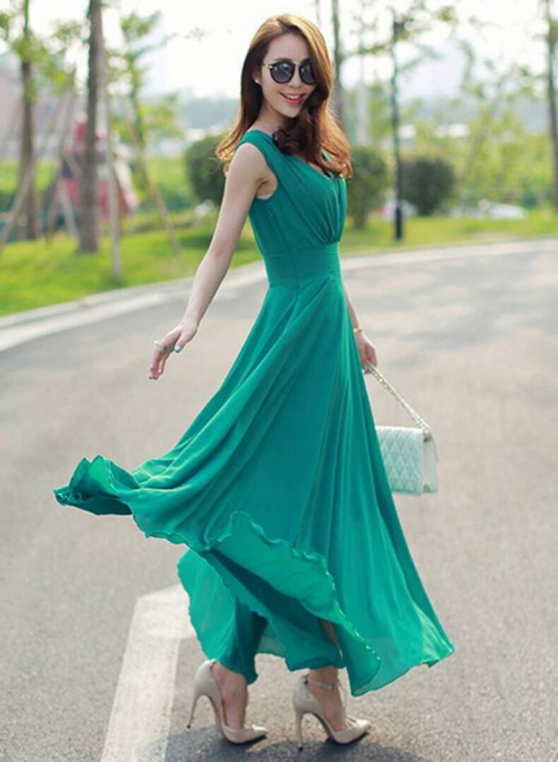Bella Fancy Dresses US Western Wear Women's Green V-Neck Long Dress