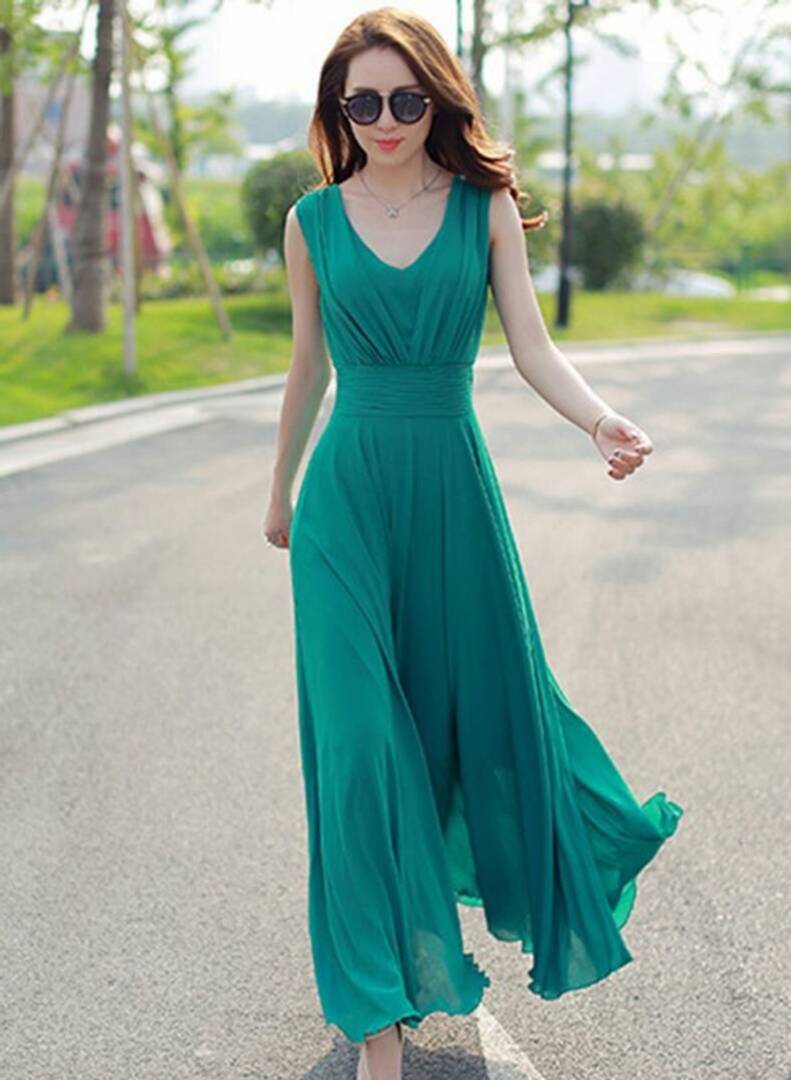 Bella Fancy Dresses US Western Wear Women's Green V-Neck Long Dress