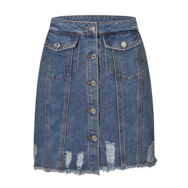 Bella Fancy Dresses US Woman Washed A Line Denim Skirt Female Fashion Summer High Waist Denim Pocket Button Ripped Bodycon Hip jeans Skirts