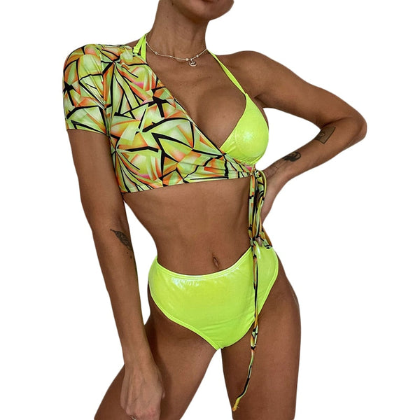 Bella Fancy Dresses US Women Bikini Swim Outfits Ladies Solid Color Halter Tie Up Triangle Cup Bra Tops+High Waist Shorts+Pattern Print Cover-Up Set